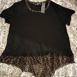 Elegant Black Blouse with Brown Leopard Trim